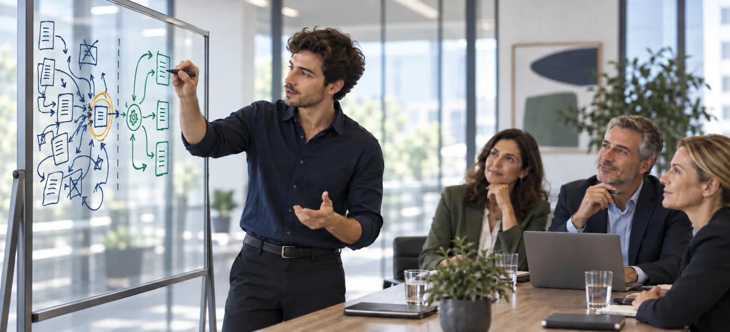 Young professional explaining bottlenecks and solutions to a leadership team