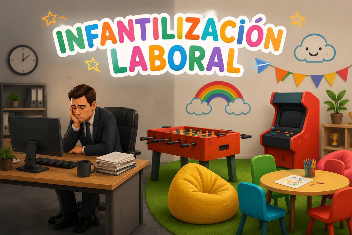 Demotivated professional in an office decorated like a playroom beneath the words workplace infantilisation